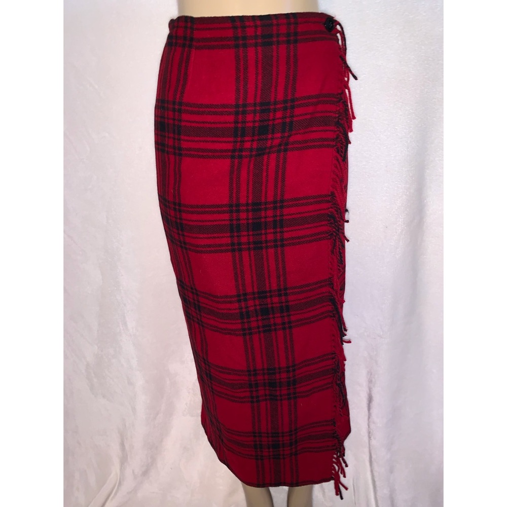 Buffalo Red Plaid Fringe Skirt Wool Vintage Wrap